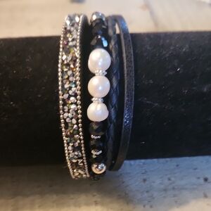 Black and Silver Layered Bracelet Set with Pearls